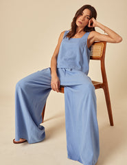 Blue Linen-Blend Wide Leg Jerrow Trousers
