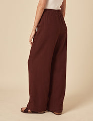 Brown Linen-Blend Wide Leg Trousers