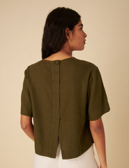 Green Linen-Blend Short Sleeve Top
