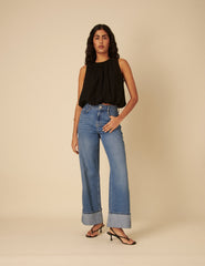 Black Linen-Blend Sleeveless Bubble Hem Pleated Top