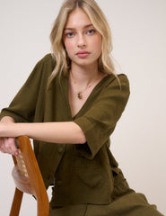 Green Linen-Blend Short Sleeve Shirt