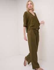 Green Linen-Blend Short Sleeve Shirt