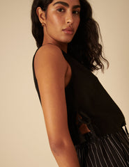 Black Linen-Blend Side Tie Sleeveless Top
