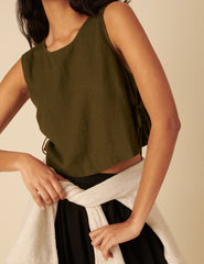 Khaki Green Linen-Blend Side Tie Sleeveless Top