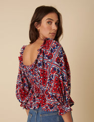 Red And Blue Linen-Blend Tile Print Blouse