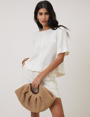Cream Linen-Blend Short-Sleeve Top