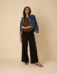 Green Linen-Blend Swing Top