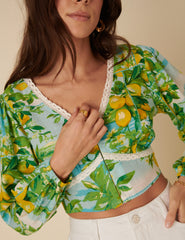 Green Lemon Print Crop Top