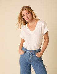 White Linen-Blend Relaxed V-neck T-Shirt