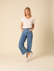 White Linen-Blend Relaxed V-neck T-Shirt