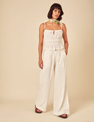 White Linen-Blend Ruched Cami Top