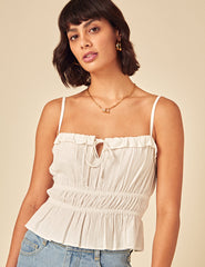 White Linen-Blend Ruched Cami Top