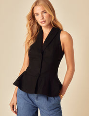 Black Linen-Blend Tailored Peplum Waistcoat