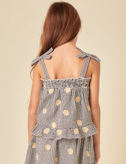 Girls Black Gingham Shell Embroidered Top