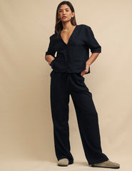 Black Linen-Blend Drawstring Trousers