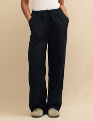 Black Linen-Blend Drawstring Trousers