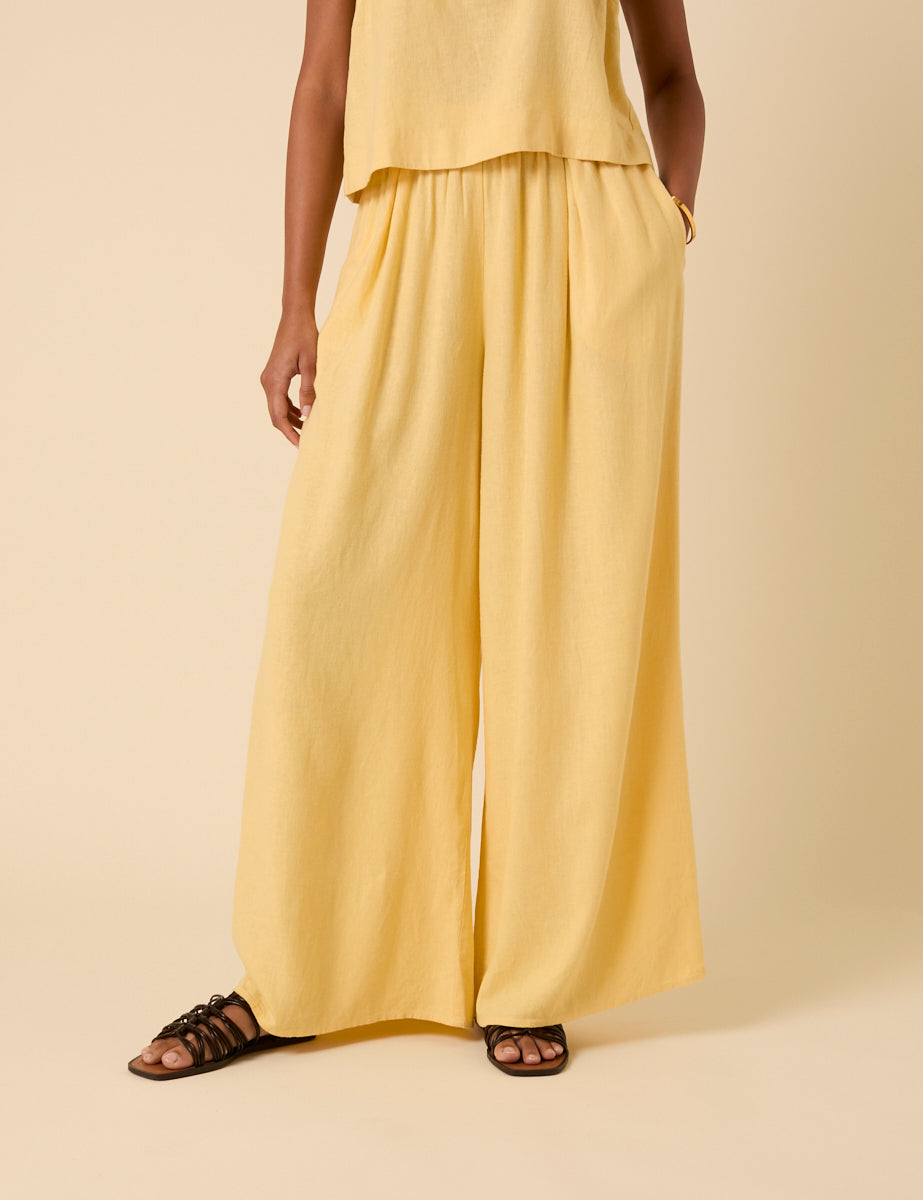 Butter Yellow Linen-Blend Wide Leg Jerrow Trousers