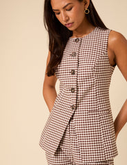 Brown Gingham Tailored Longline Waistcoat