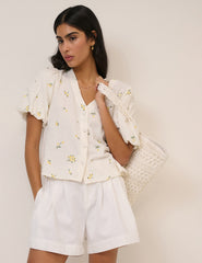 White Ditsy Floral Puff Sleeve Top