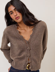 Brown Wool Blend Crochet Trim V-Neck Cardigan