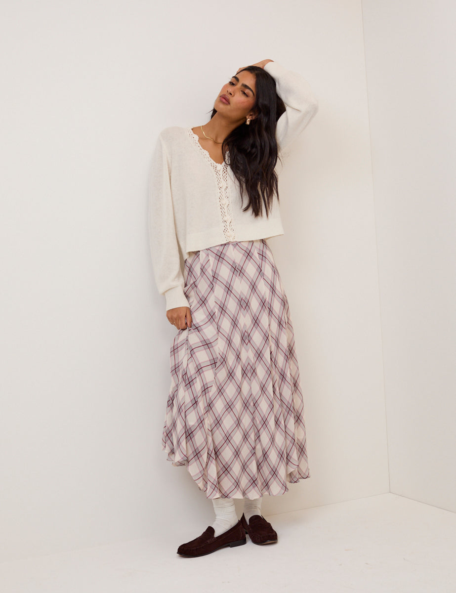 White Wool Blend Crochet Trim V-Neck Cardigan