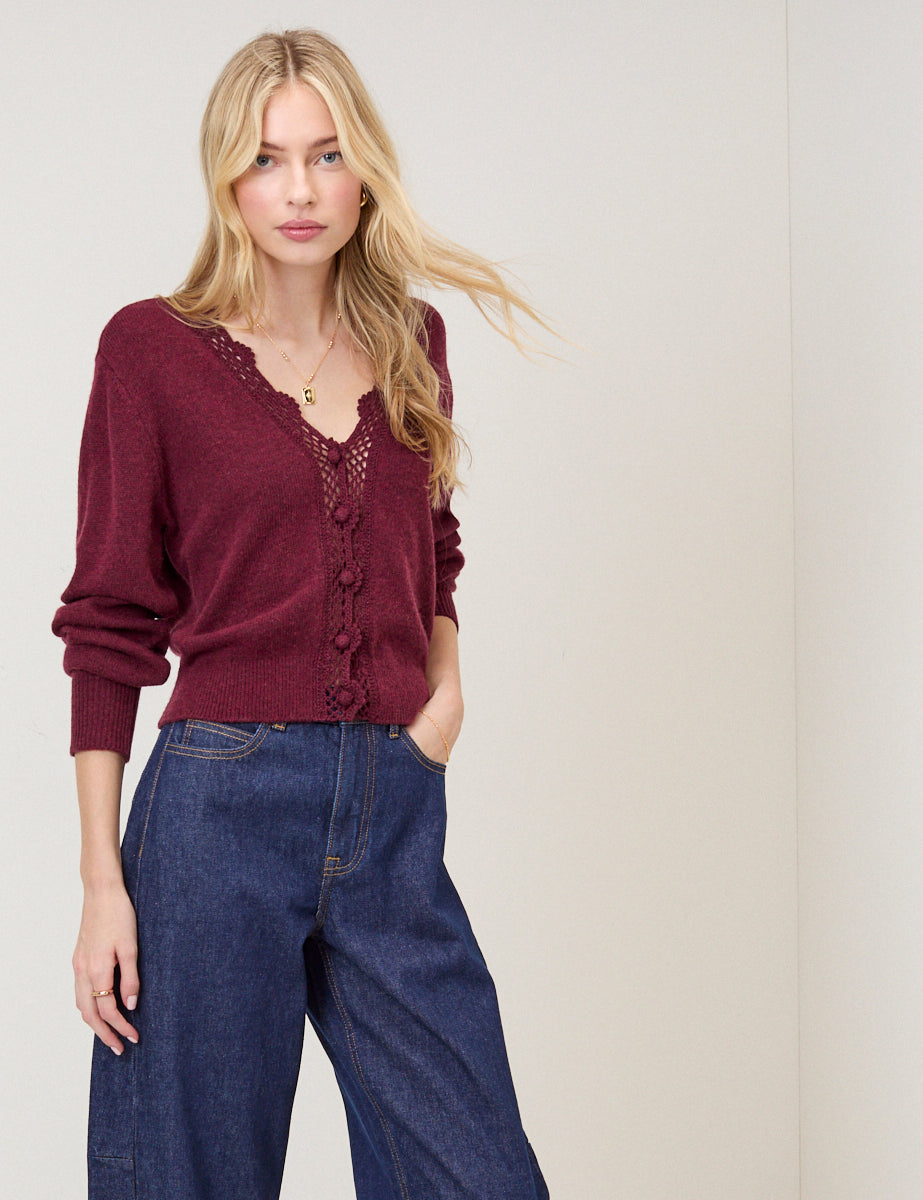 Burgundy Crochet Trim V-Neck Cardigan