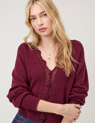 Burgundy Crochet Trim V-Neck Cardigan
