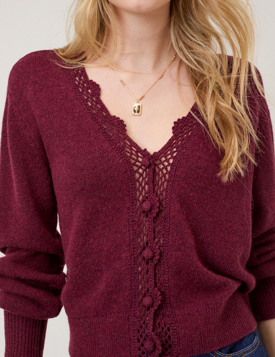 Burgundy Crochet Trim V-Neck Cardigan