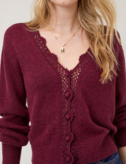 Burgundy Crochet Trim V-Neck Cardigan