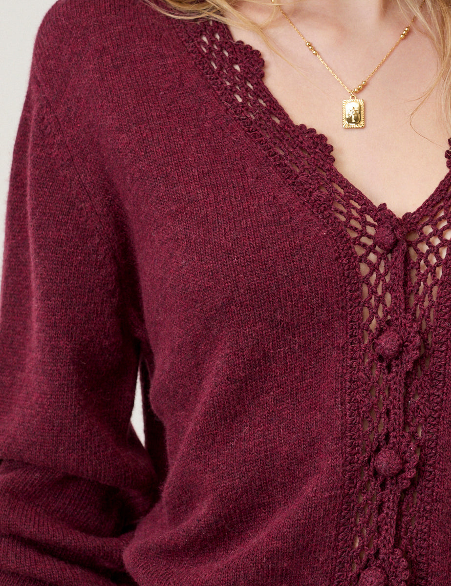 Burgundy Crochet Trim V-Neck Cardigan