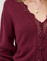 Burgundy Crochet Trim V-Neck Cardigan