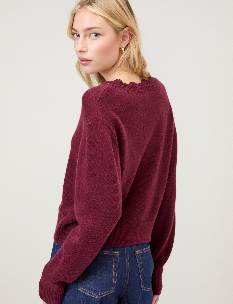 Burgundy Crochet Trim V-Neck Cardigan