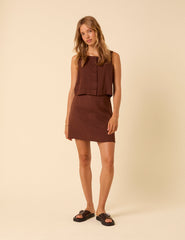Brown Linen-Blend Mini Skirt