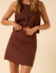 Brown Linen-Blend Mini Skirt