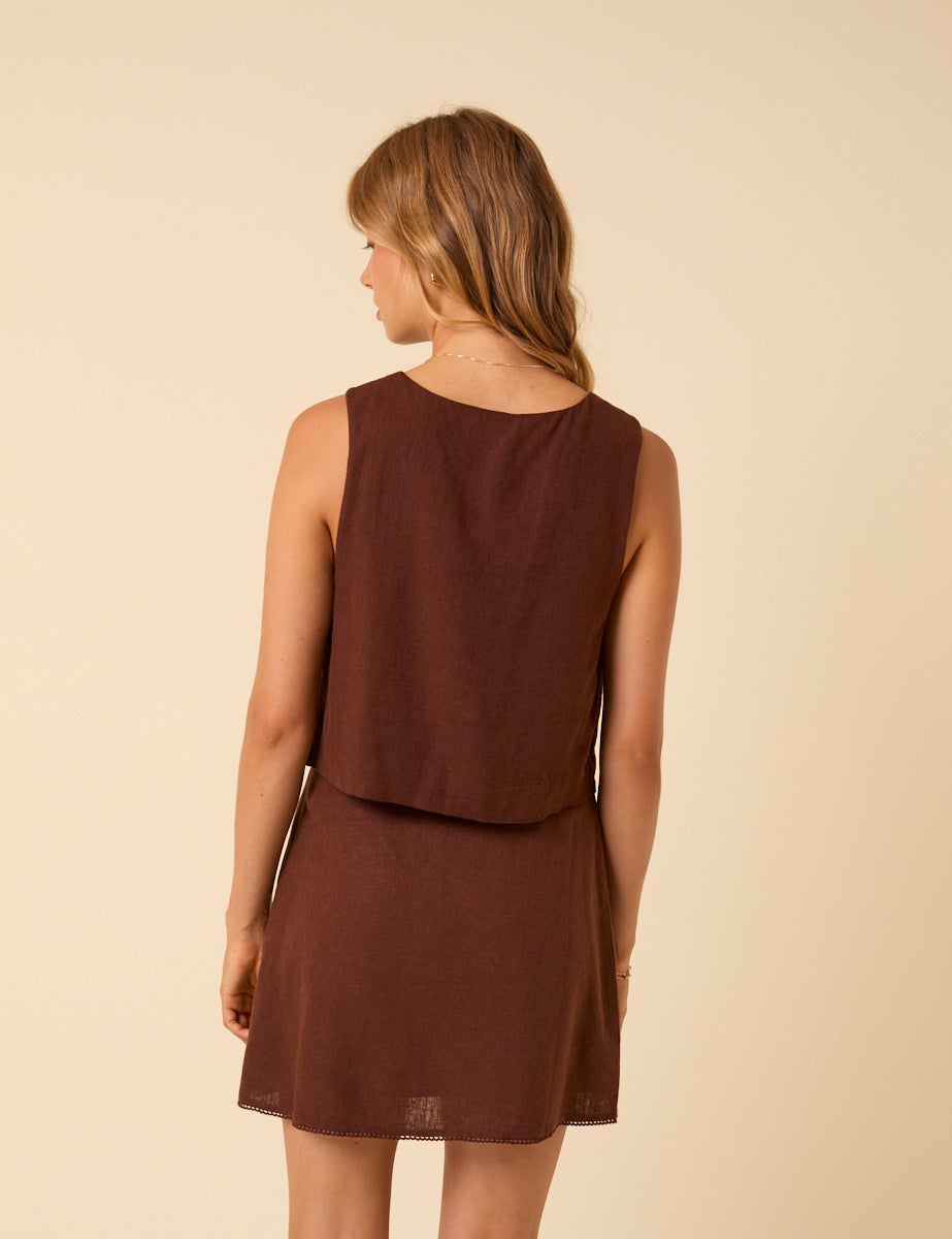 Brown Linen-Blend Mini Skirt
