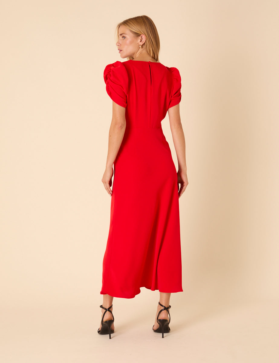 Red Ruched Naomi Midi Dress