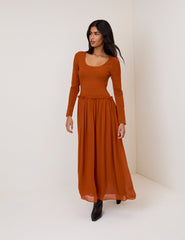 Burnt Orange Shirred Long Sleeve Sorelle Midi Dress