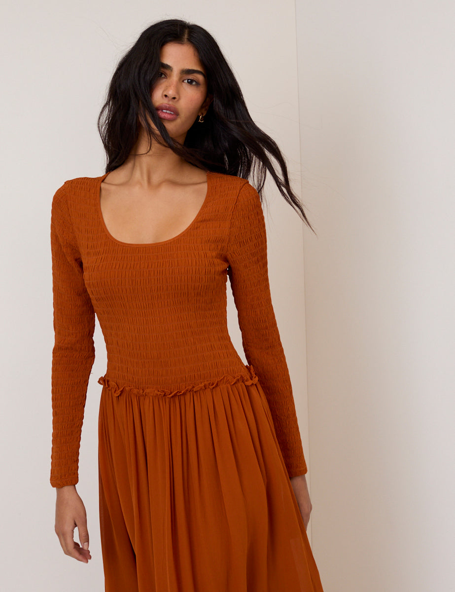 Burnt Orange Shirred Long Sleeve Sorelle Midi Dress