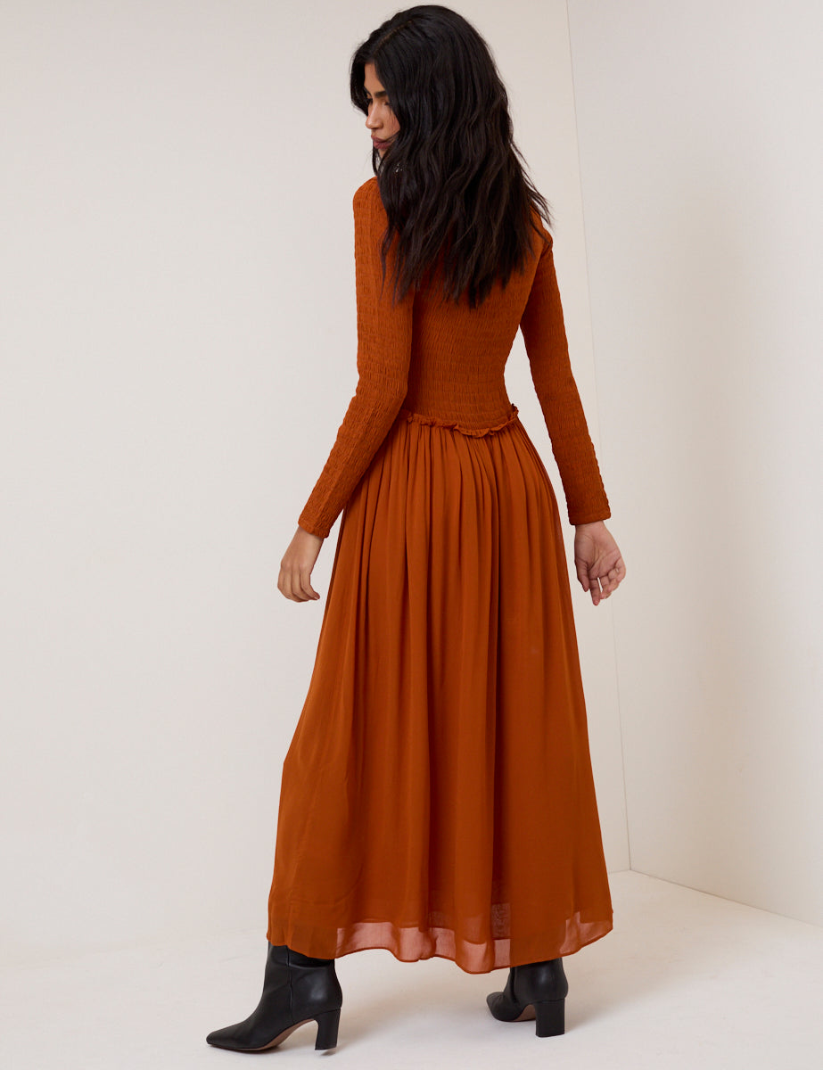Burnt Orange Shirred Long Sleeve Sorelle Midi Dress