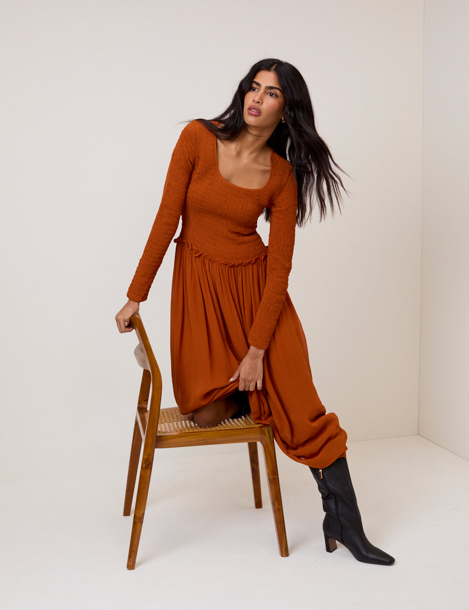 Burnt Orange Shirred Long Sleeve Sorelle Midi Dress