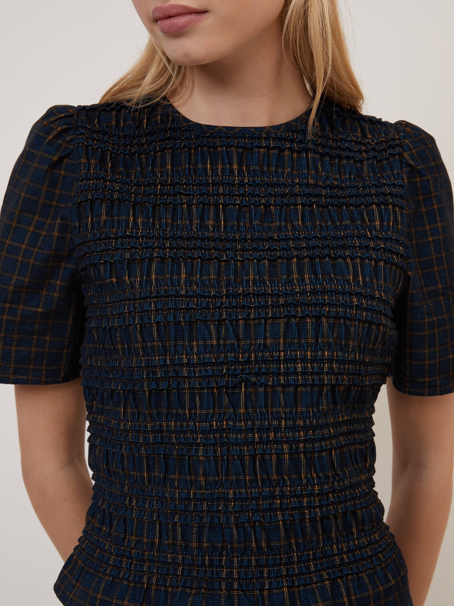 Navy Blue Check Shirred Cord Top