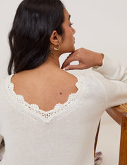 White Crochet Trim V-Neck Jumper