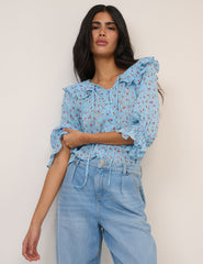 Blue Floral Frill Blouse