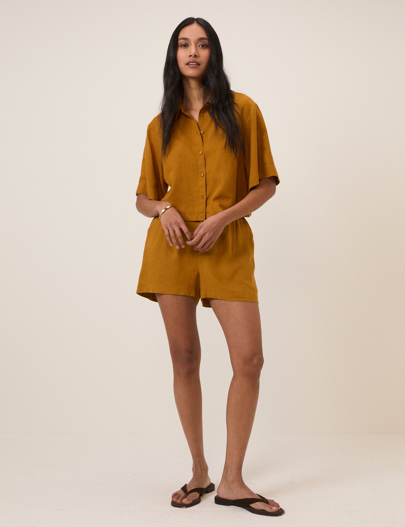 Orange Yellow Linen-Blend Cropped Shirt