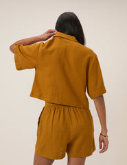 Orange Yellow Linen-Blend Cropped Shirt