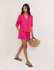 Pink Linen-Blend Short Sleeve Shirt