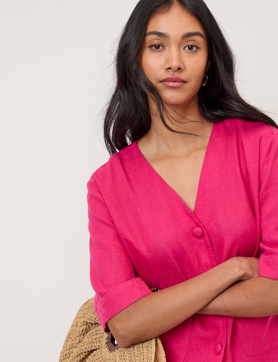 Pink Linen-Blend Short Sleeve Shirt