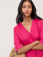 Pink Linen-Blend Short Sleeve Shirt