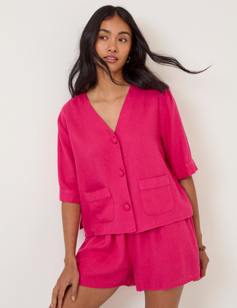Pink Linen-Blend Short Sleeve Shirt