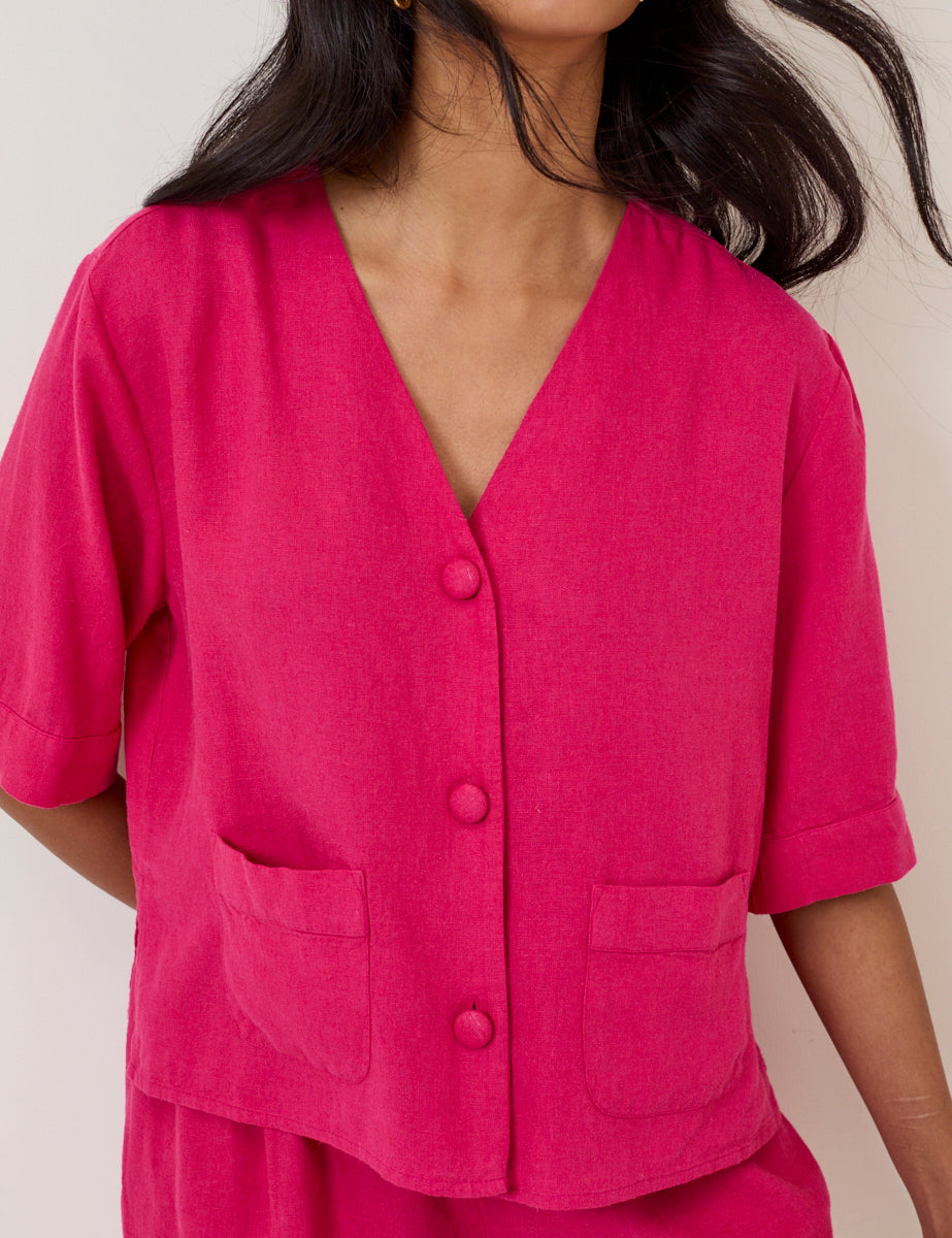 Pink Linen-Blend Short Sleeve Shirt